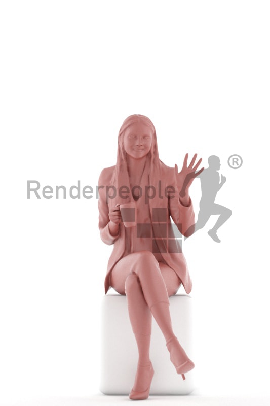 3d people business, white 3d woman sitting, drinking and waving