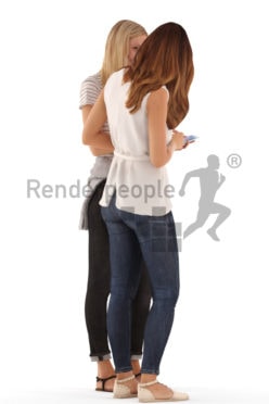 3d people casual, white 3d women standing and talking loking at a phone