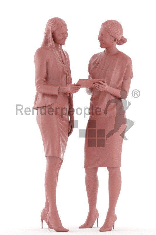 3d people business, white 3d women standing with a tablet and discussing
