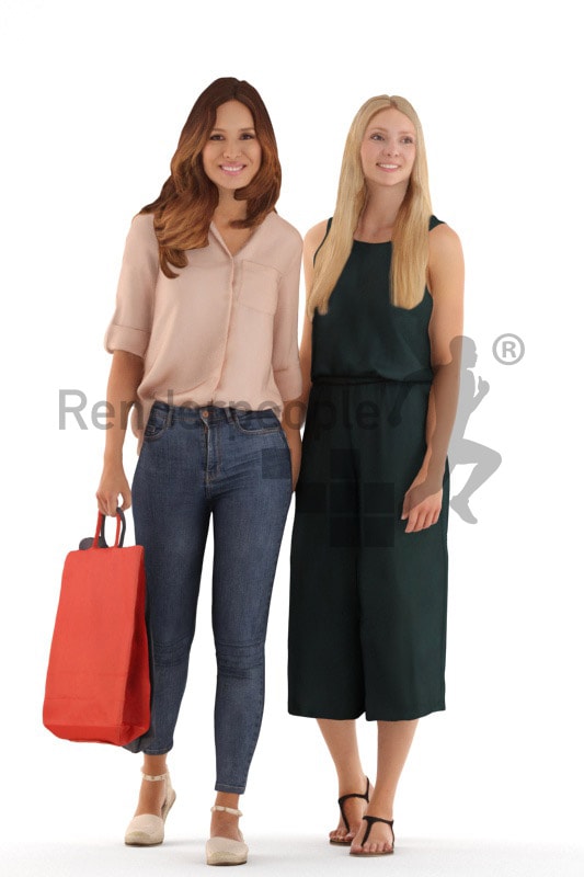 3d people casual, white 3d women walking together, shopping