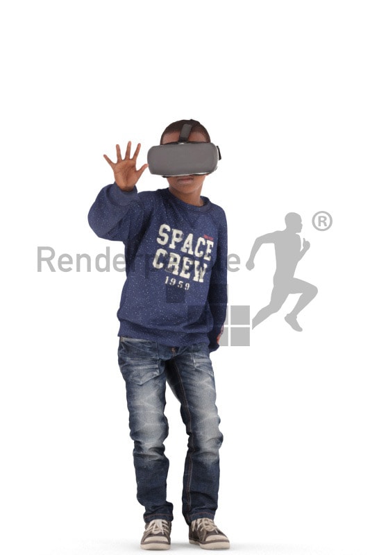 3d people casual, black 3d kid sitting 3d kid standing playing with VR headset