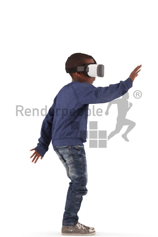 3d people casual, black 3d kid standing playing with VR headset