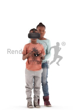 3d people casual, black 3d kids standing together playing vr