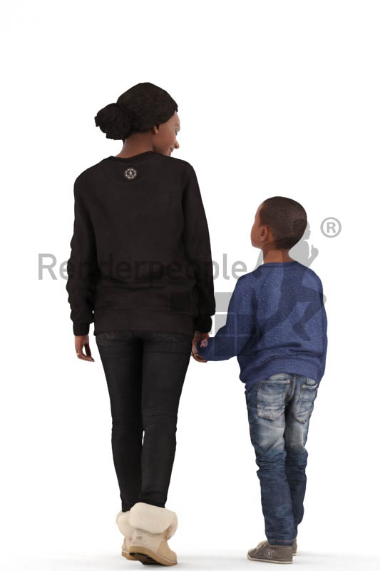 3d people casual, black 3d kid and woman walking together