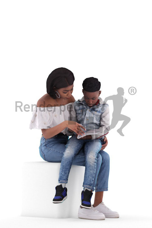 3d people casual, 3d black mother and boy sitting and reading