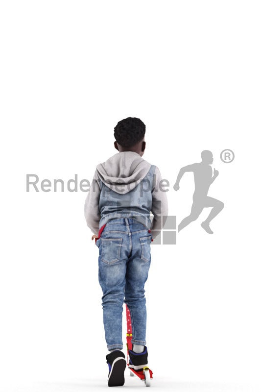 Photorealistic 3D People model by Renderpeople – black kid in daily outfit, using a scooter