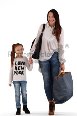 3d people groups, white 3d woman holding her daughters hand