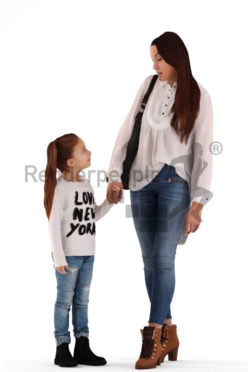 3d people groups, white 3d woman holding her daughters hand