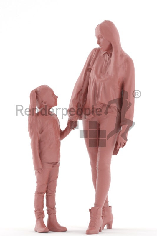 3d people groups, white 3d woman holding her daughters hand
