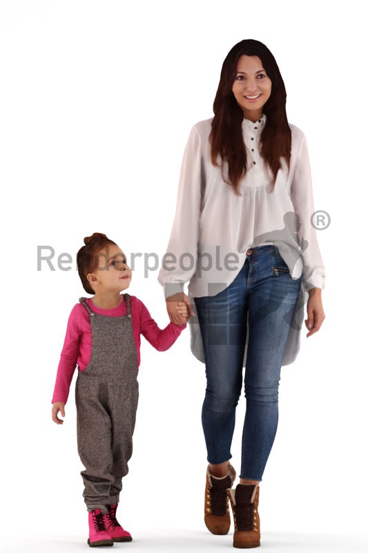 3d people groups, white 3d woman and child walking