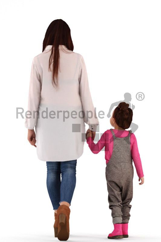 3d people groups, white 3d woman and child walking