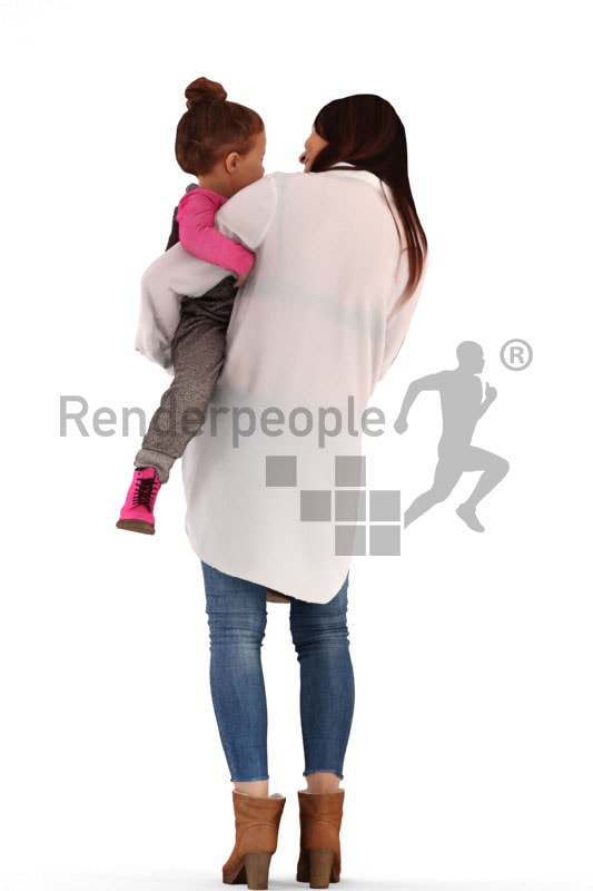 3d people groups, white 3d woman and holding her child