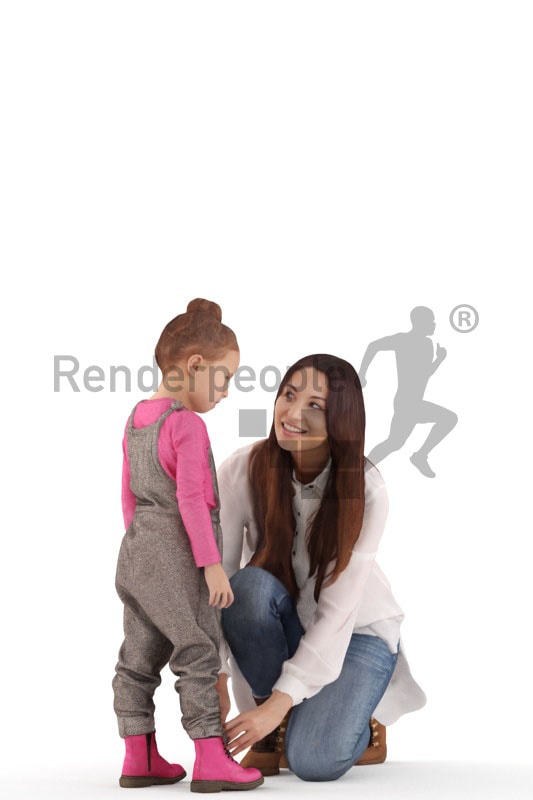 3d people groups, white 3d woman and helping her child