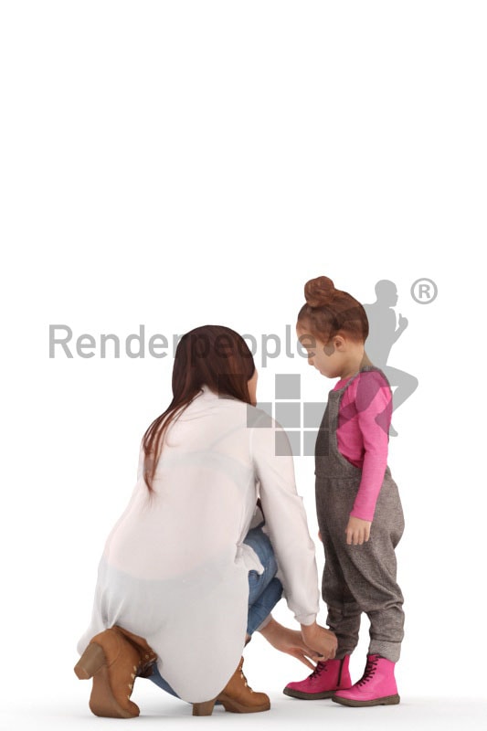 3d people groups, white 3d woman and helping her child