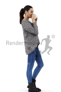 3d people casual, attractive 3d woman drinking a coffee