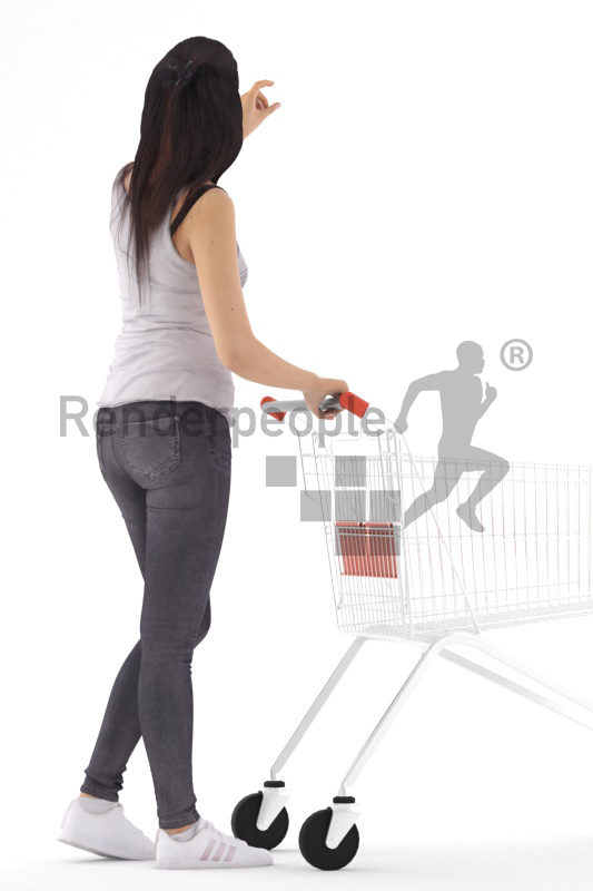 3D People model for 3ds Max and Blender – european woman in the supermarket, casual outfit, carrying a cart and taking something