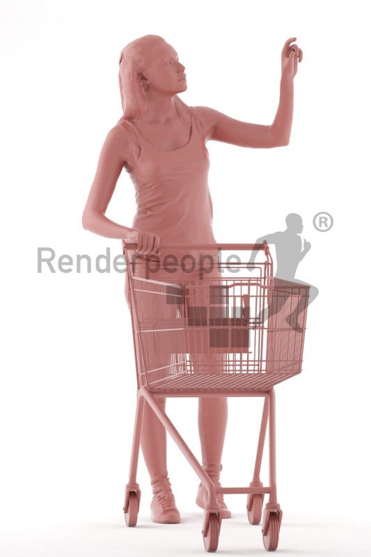 3D People model for 3ds Max and Blender – european woman in the supermarket, casual outfit, carrying a cart and taking something