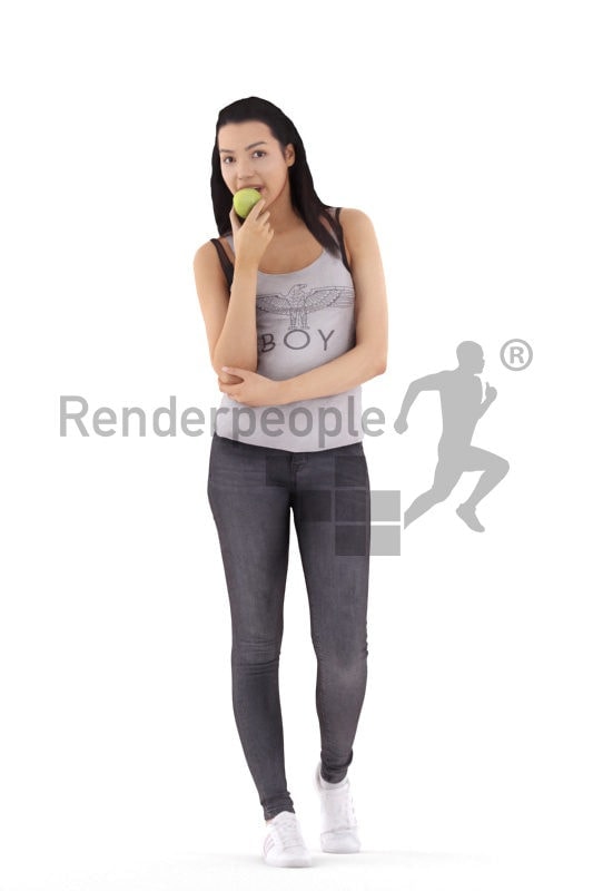 3d people casual, white 3d man walking and eating an apple