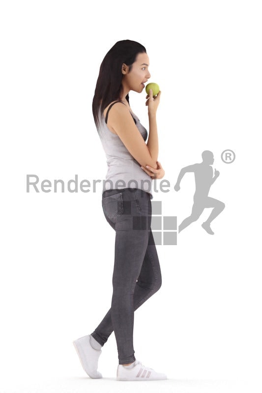 3d people casual, white 3d woman walking and eating an apple