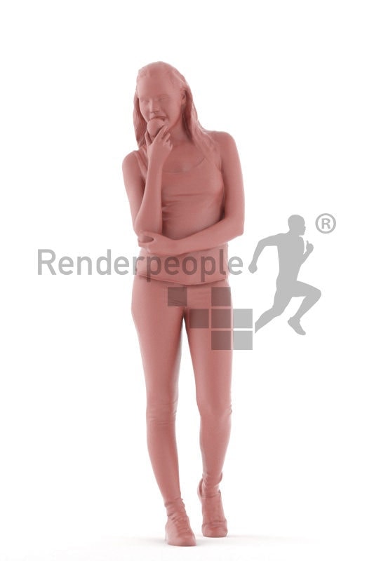 3d people casual, white 3d woman walking and eating an apple