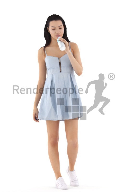 3d people casual, white 3d woman walking and drinking