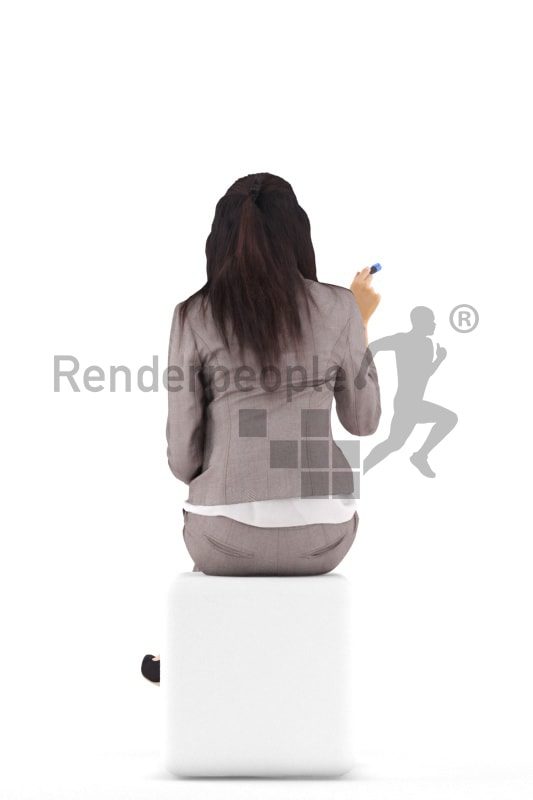 3d people business, attractive 3d woman sitting and pointing with a pen