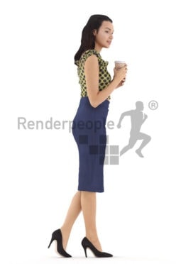 3d people casual, white 3d woman walking and hold coffeecup
