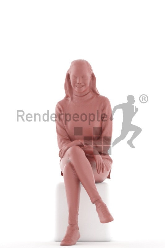 3d people casual, white 3d woman sitting and smiling