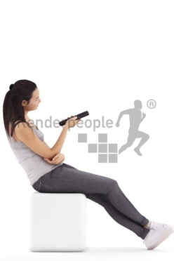 3d people casual, white 3d woman sitting and watching TV