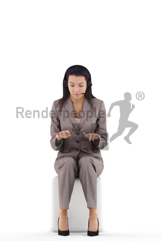 3d people business, white 3d woman sitting typing and wearing headset