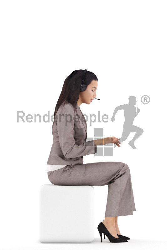 3d people business, white 3d woman sitting typing and wearing headset