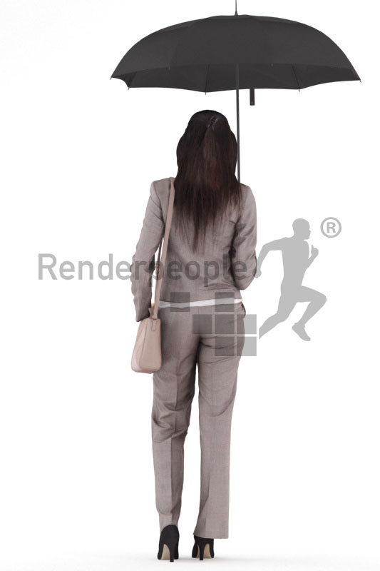 3d people business, white 3d woman walking and holding umbrella
