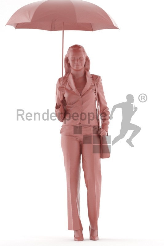 3d people business, white 3d woman walking and holding umbrella
