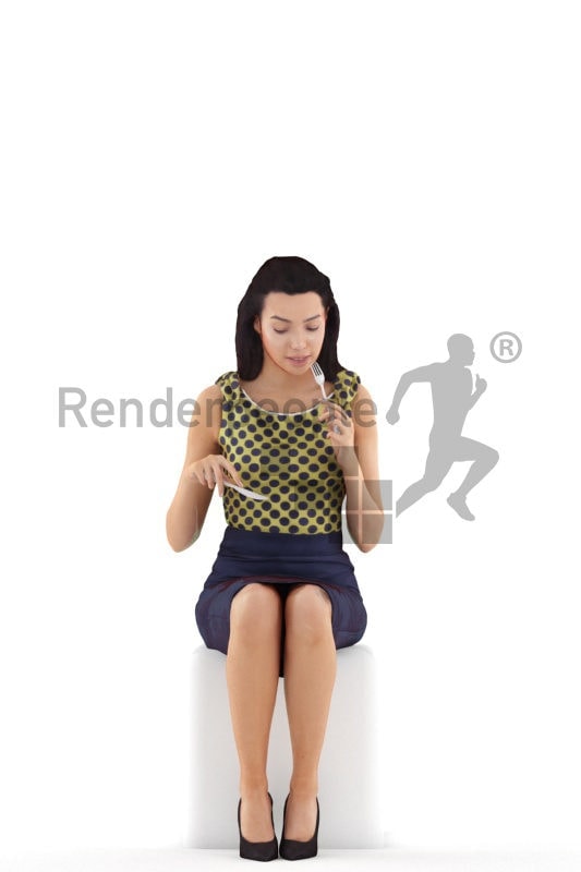 3d people business, white 3d woman sitting and eating