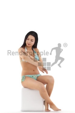 3d people swimwear, attractive 3d woman sitting and applying sunscreen