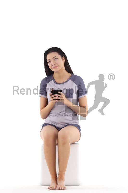 3d people sleepwear, attractive 3d woman sitting holding a cup of coffee