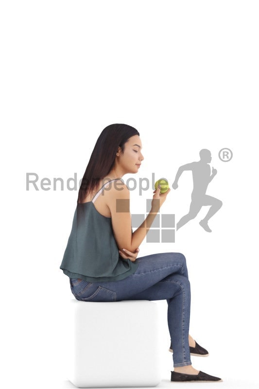 3d people casual, attractive 3d woman sitting and eating an apple