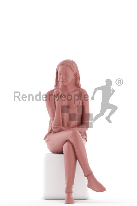 3d people casual, attractive 3d woman sitting and eating an apple