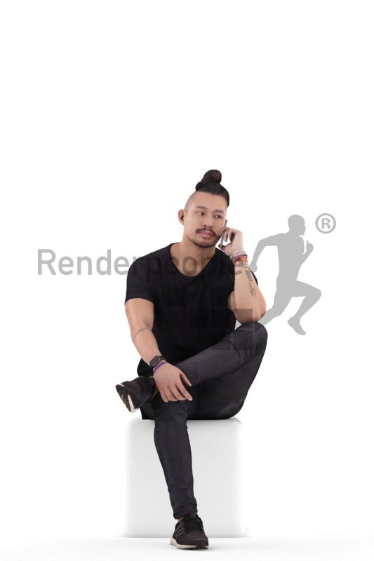 3d people casual, 3d asian man sitting and calling