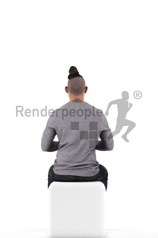 Posed 3D People model by Renderpeople – asian man in casual outfit, sitting and listening while holding a to go cup