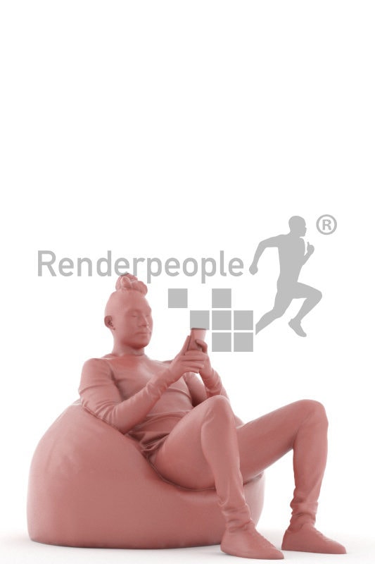 Posed 3D People model for renderings – asian man in daily clothes, relaxing in a beanbag and using his smartphone
