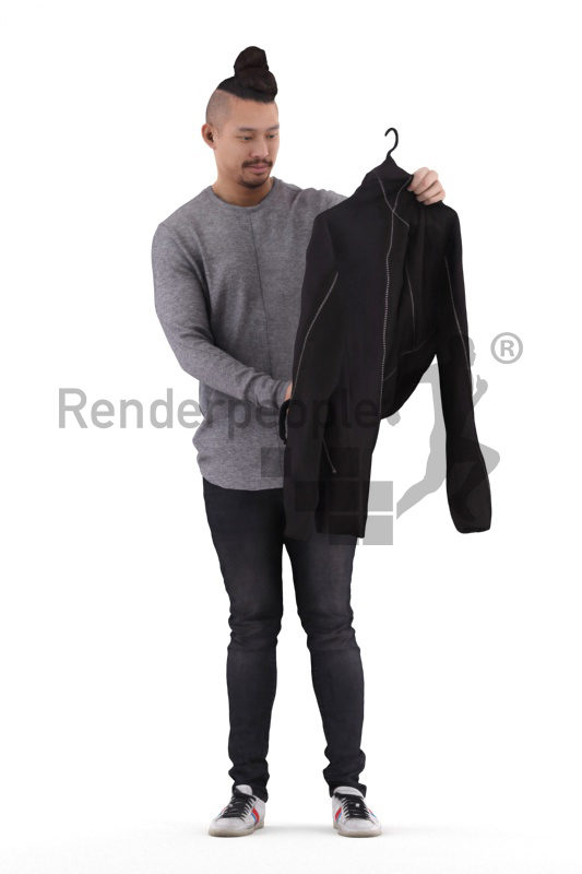 Scanned 3D People model for visualization – asian man in casual outfit, looking for a jacket in the mall