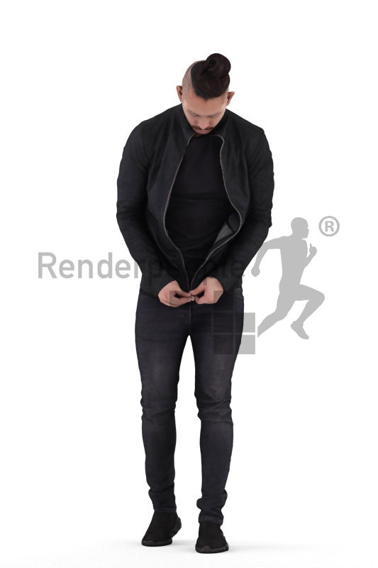 Photorealistic 3D People model by Renderpeople – asian man walking and closing his jacket