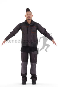 Rigged human 3D model by Renderpeople – asian man in workwear