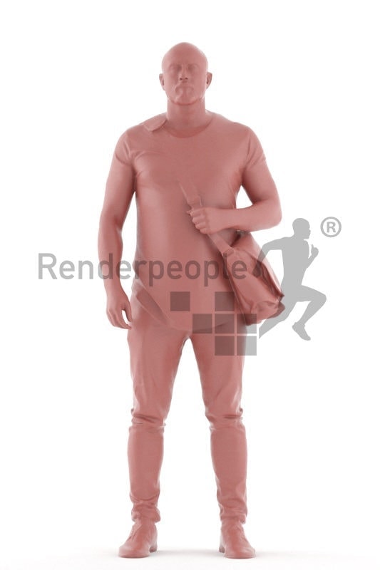 3d people casual, white 3d man standing and carrying shoulderbag