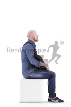3d people casual, white 3d man sitting and carrying shoulderbag