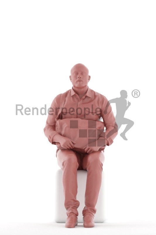 3d people casual, white 3d man sitting and carrying shoulderbag