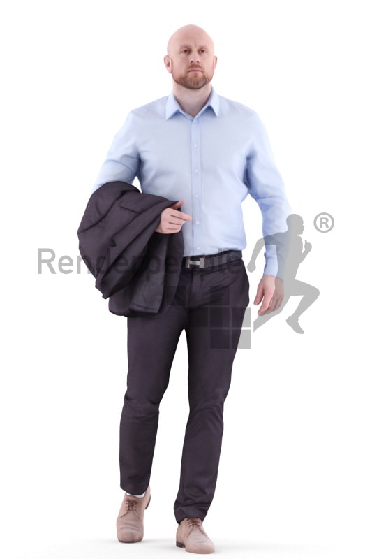3d people business, white 3d man walking with jacket over his arm
