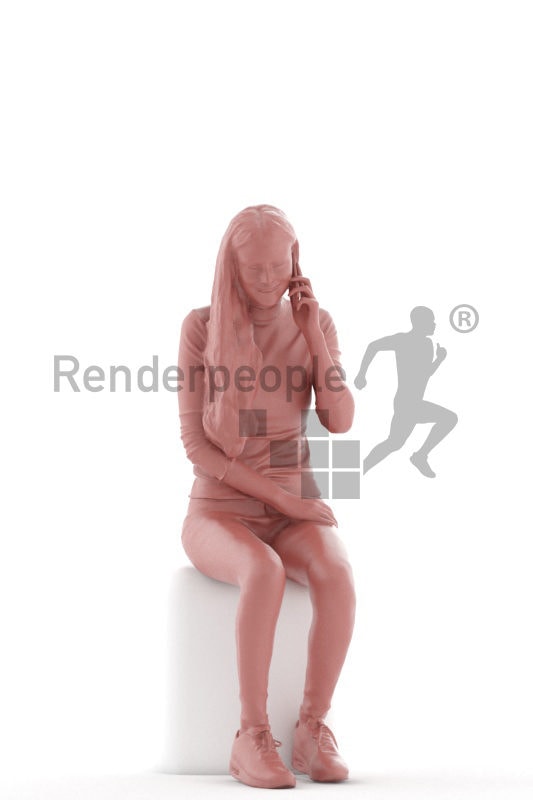 3d people casual, 3d white woman, sitting and calling