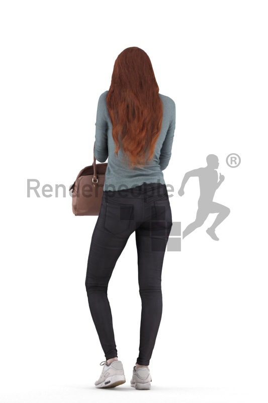 Photorealistic 3D People model by Renderpeople – white woman with red hair in casual look, searching for something in her bag